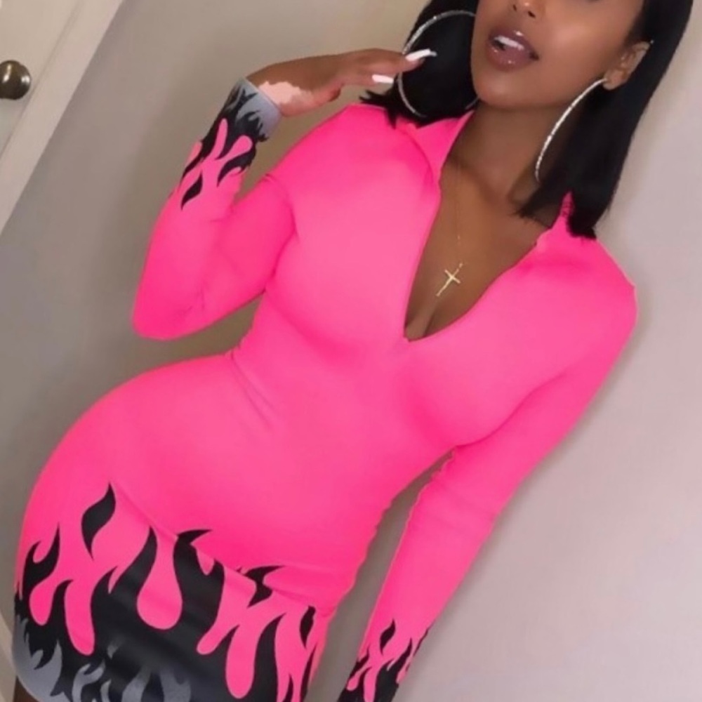 Neon Pink Flame Long Sleeve Dress